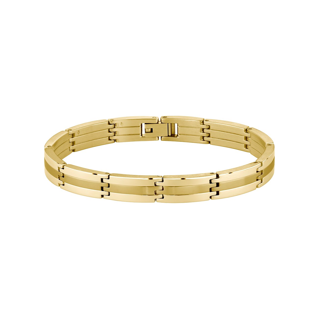 Boss herenarmband van goudkleurig glanzend en mat roestvrij staal met brede schakels en logofsluiting.