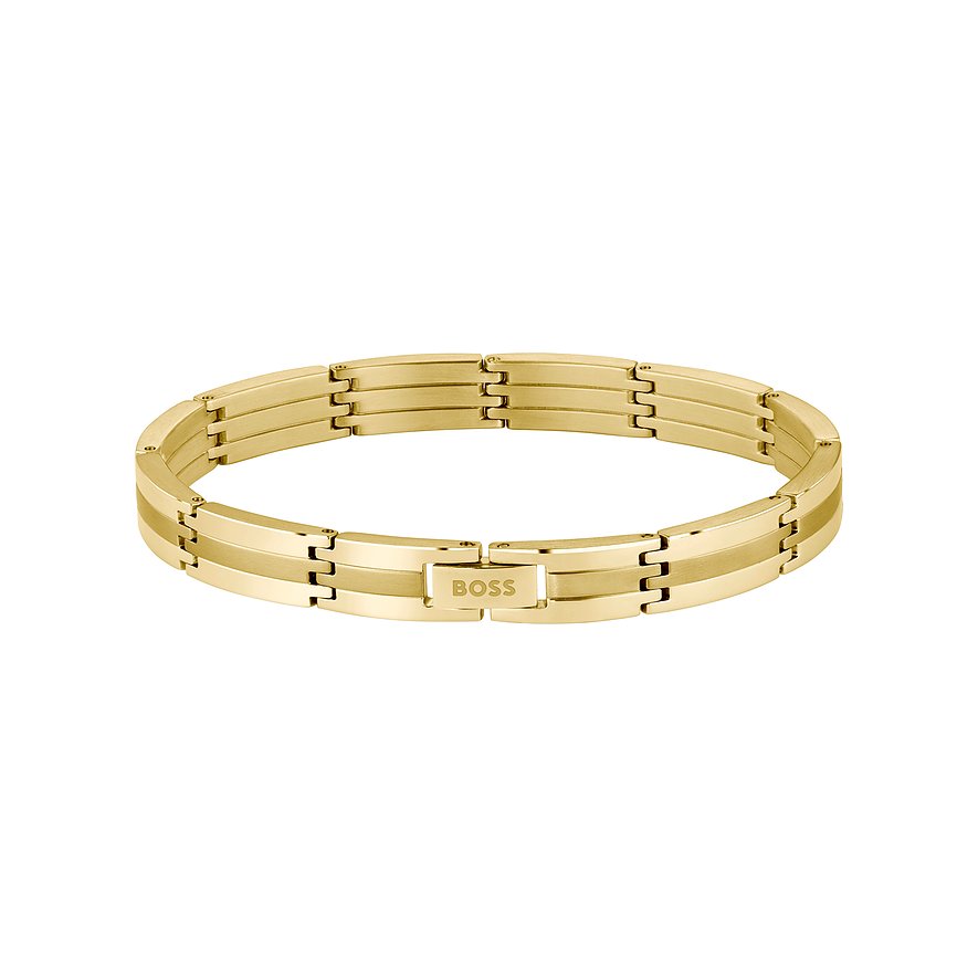 Boss herenarmband van goudkleurig edelstaal met Boss-logo op de sluiting, platliggend.