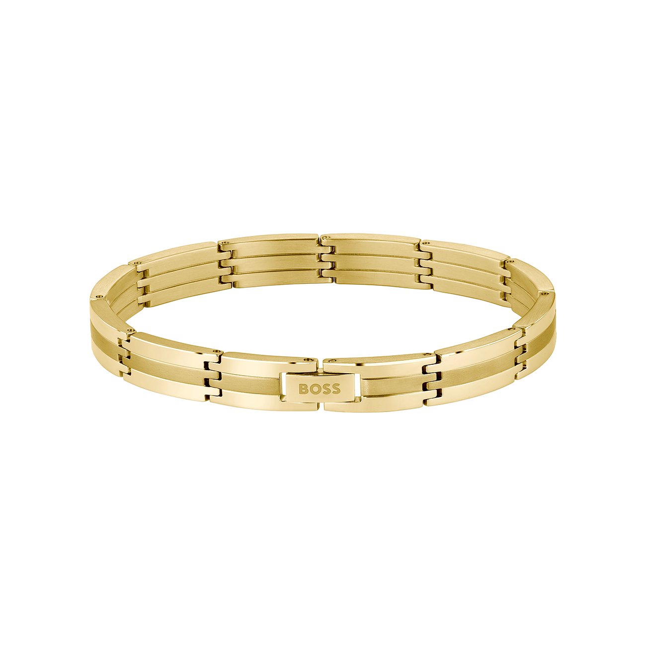 Boss herenarmband van goudkleurig edelstaal met Boss-logo op de sluiting, platliggend.