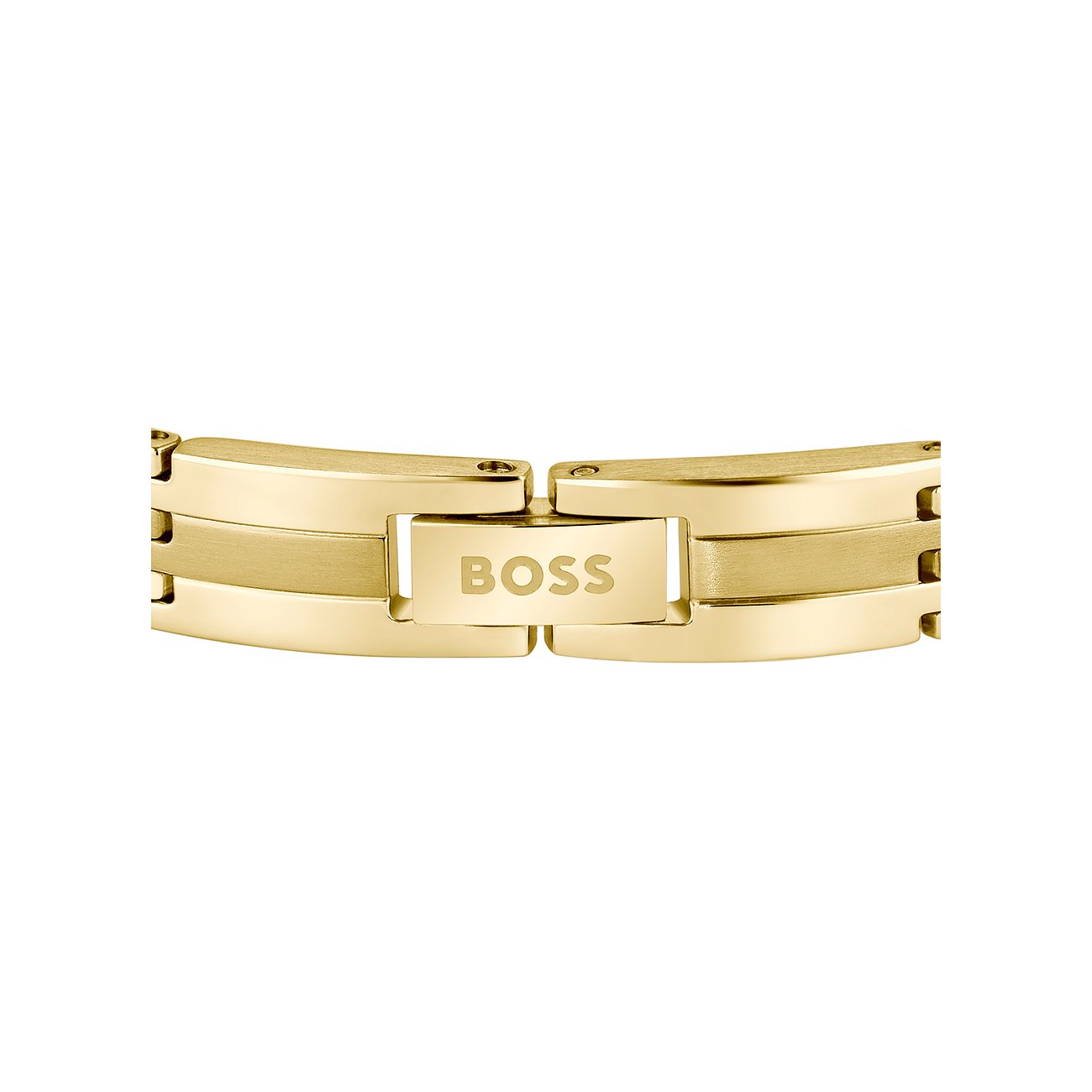 Close-up van de gouden BOSS roestvrijstalen armband, met het BOSS-schrift op de sluiting.