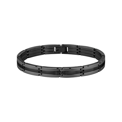 Boss Armband aus dunkelgrauem und schwarzem Edelstahl, mit breiten und schmalen Gliedern in mattem Finish.
