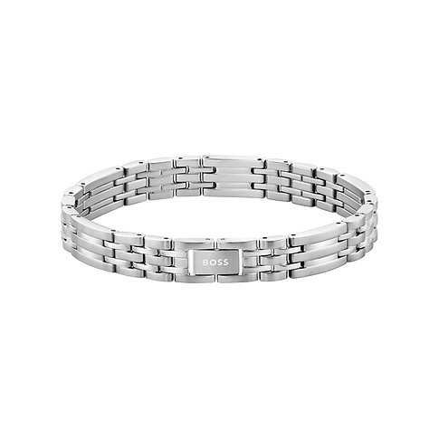 Boss Armband aus Edelstahl, bestehend aus drei Reihen glänzender, schmaler Glieder mit einem BOSS-Logo in der Mitte.