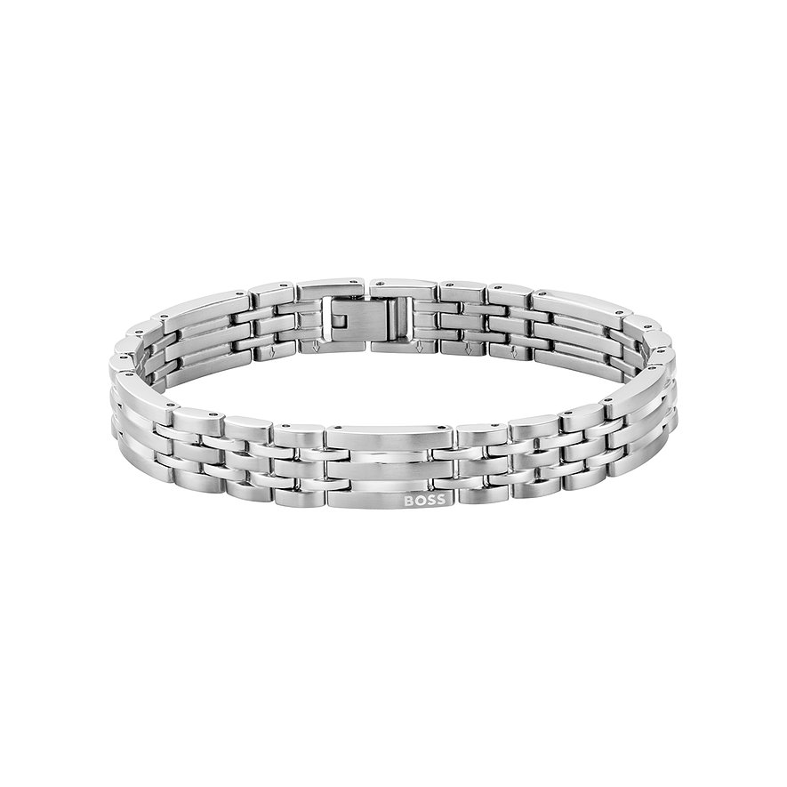 Boss Armschmuck aus poliertem Edelstahl mit drei Reihen gebürsteter Glieder und dem Boss-Logo.
