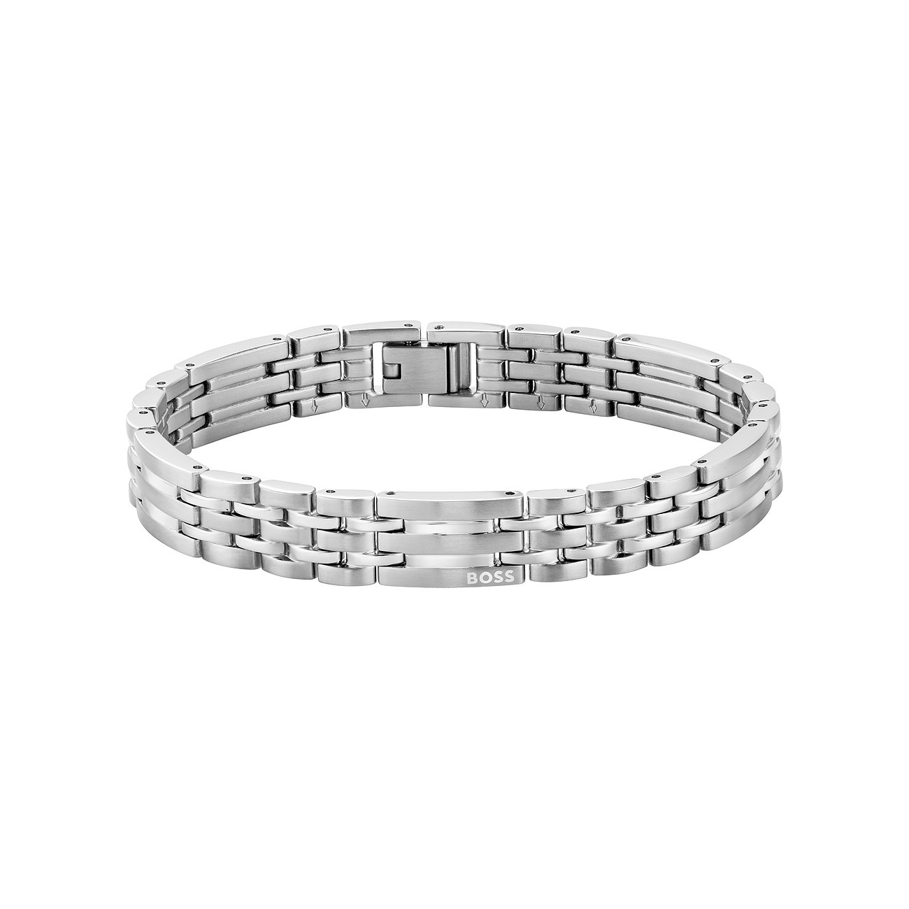Boss Armschmuck aus poliertem Edelstahl mit drei Reihen gebürsteter Glieder und dem Boss-Logo.