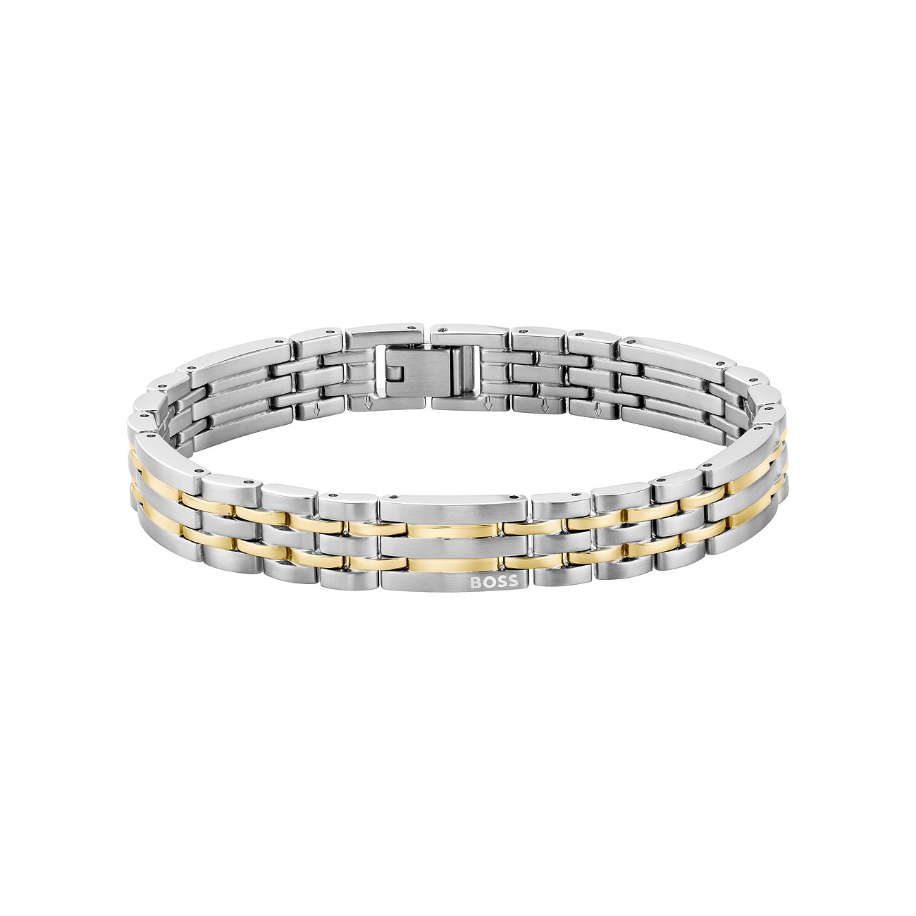 Boss Armschmuck aus Edelstahl, silber- und goldfarben, mit ineinandergreifenden Gliedern und Markenlogo.