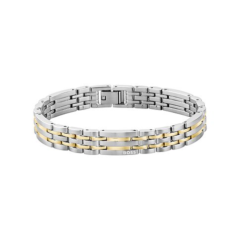 Boss armband van roestvrij staal, zilver- en goudkleurig, met in elkaar grijpende schakels en merklogo.