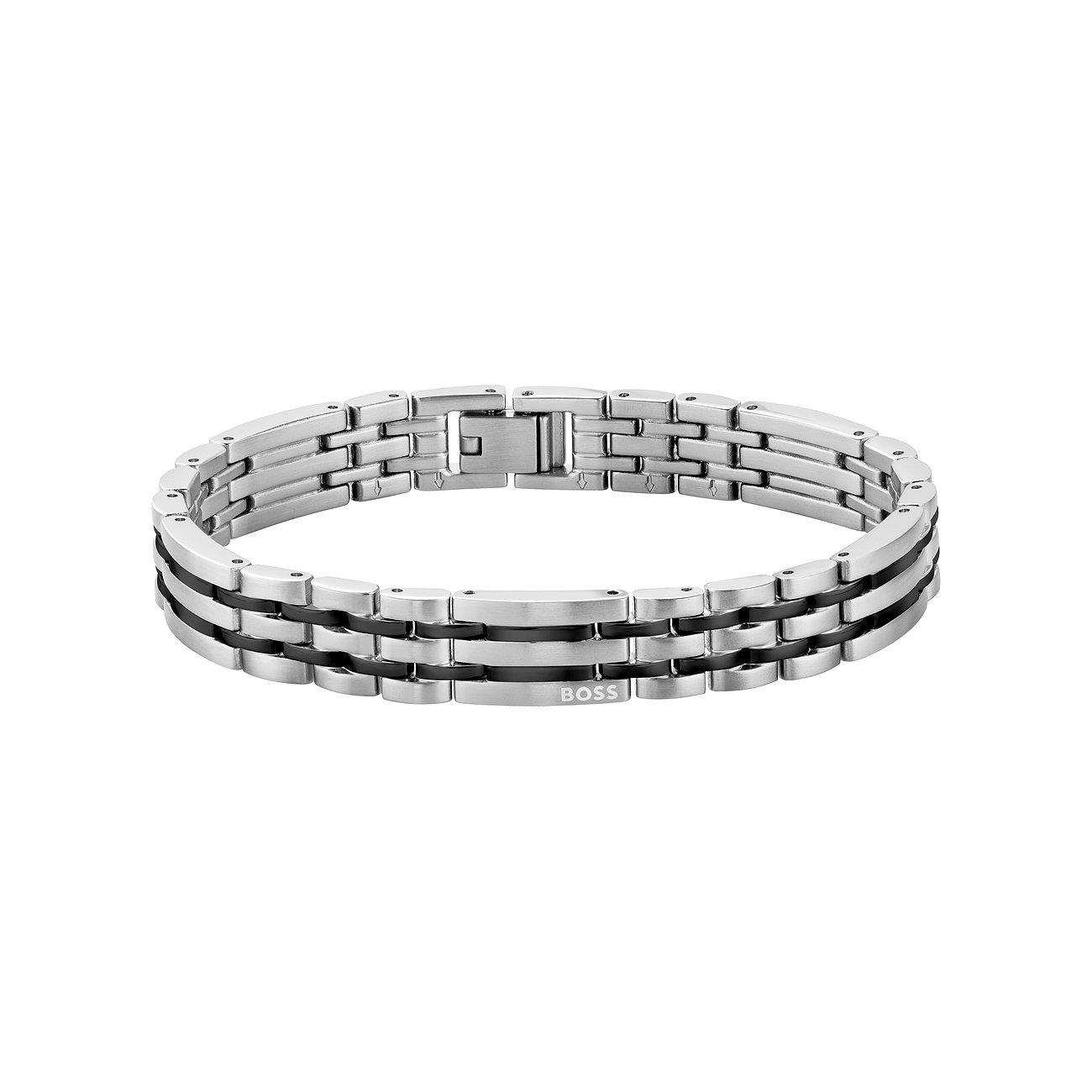 Boss Edelstahl-Armband mit dreireihigen silbernen Gliedern und zwei schmalen schwarzen Streifen dazwischen.