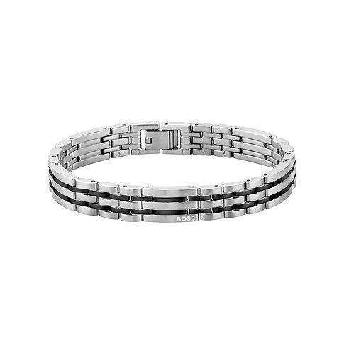 Boss Edelstahl-Armband mit dreireihigen silbernen Gliedern und zwei schmalen schwarzen Streifen dazwischen.
