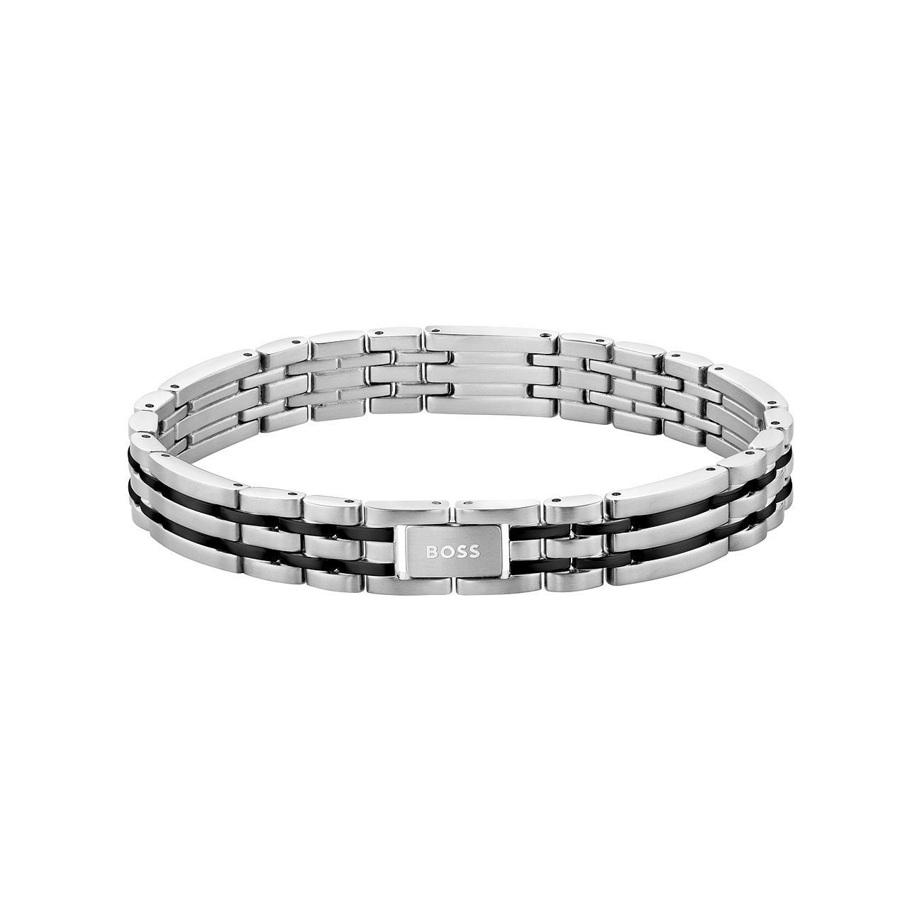 Boss Armband aus Edelstahl, bestehend aus Gliedern mit silberfarbenen und schwarzen Akzenten.