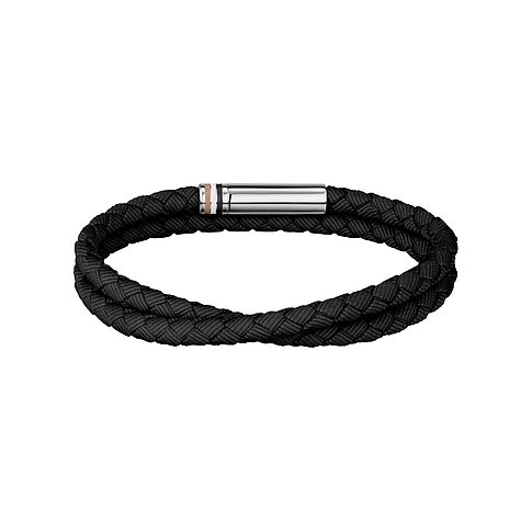 Boss Armband aus schwarzem geflochtenem Material mit einem zylindrischen, silberfarbenen Edelstahlverschluss.