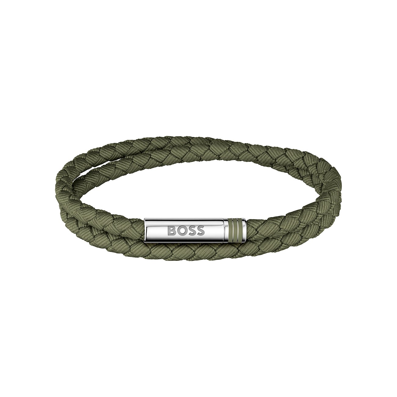 Boss Armband aus weiß geflochtenem Textil und Edelstahlverschluss, aus der Armschmuck-Kategorie.