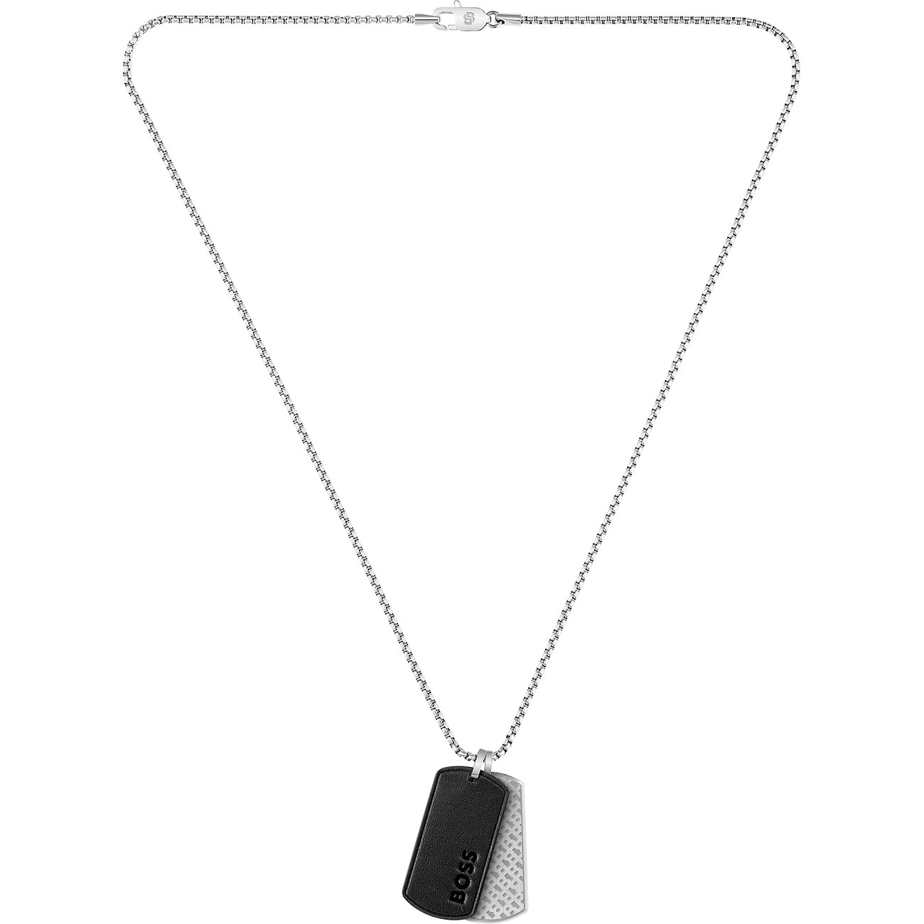 Boss roestvrijstalen halsketting met ketting en twee hangers: één van zwart leer en één gegraveerd.