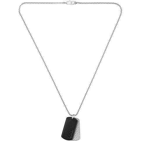 Boss Halsschmuck aus Edelstahl mit Kette und zwei Anhängern, einem schwarzen Lederanhänger und einem gravierten