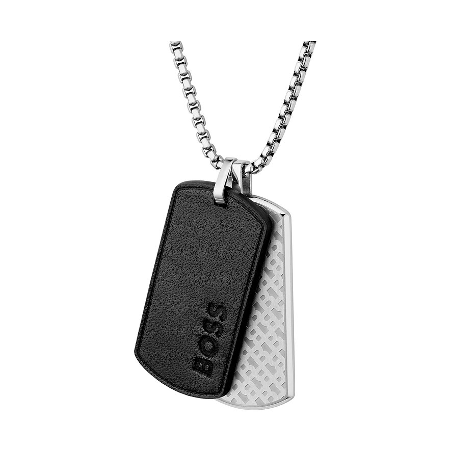 Boss ketting van leer en zilverkleurig roestvrij staal met twee gelaagde hangers en Boss-letters.