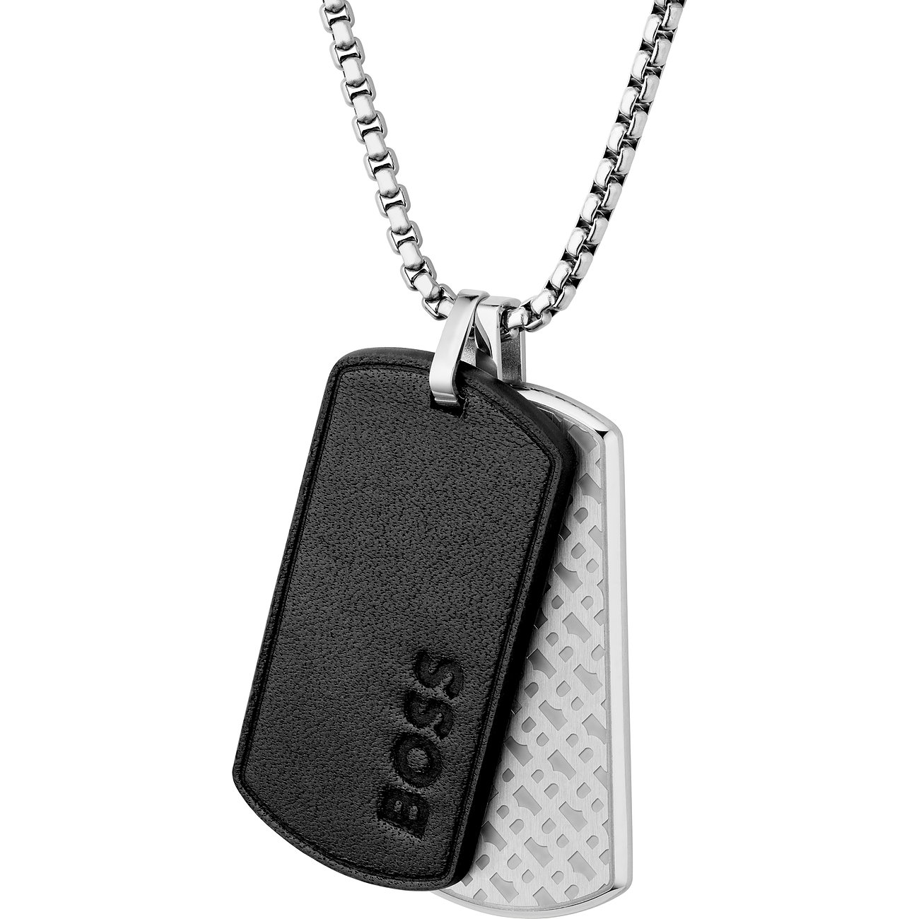 Boss ketting van leer en zilverkleurig roestvrij staal met twee gelaagde hangers en Boss-letters.