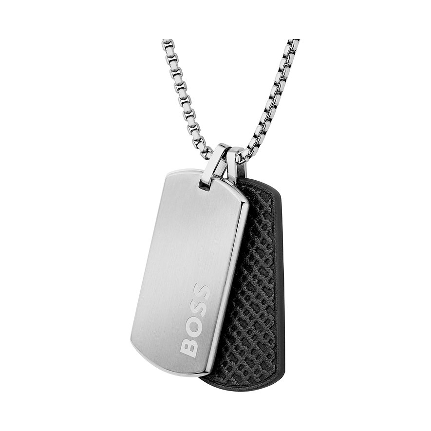 Boss ketting van gepolijst roestvrij staal met een gegraveerde DOG Tag plaat en een tweede van zwart leer.