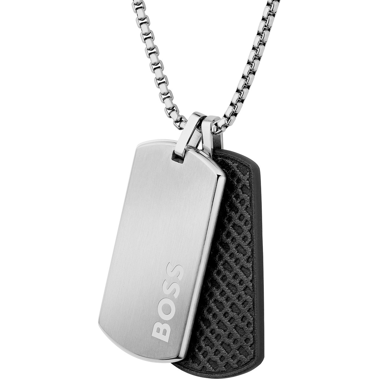 Boss ketting van gepolijst roestvrij staal met een gegraveerde DOG Tag plaat en een tweede van zwart leer.