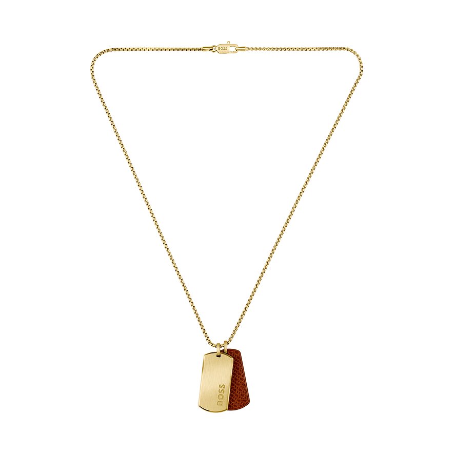 Boss Halsschmuck: goldfarbenes Edelstahl-Label mit BOSS-Gravur, braunes Leder-Label an feiner goldfarbener Kette.