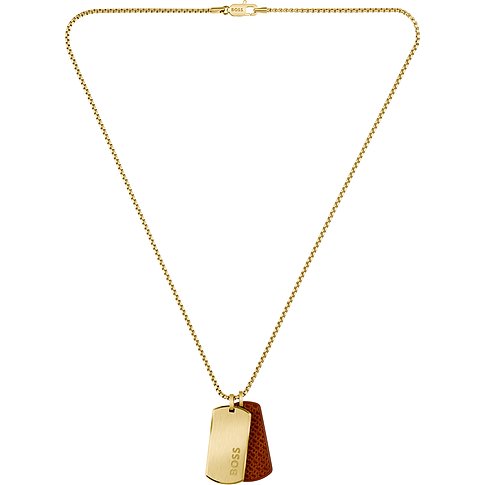 Boss Halsschmuck: goldfarbenes Edelstahl-Label mit BOSS-Gravur, braunes Leder-Label an feiner goldfarbener Kette.