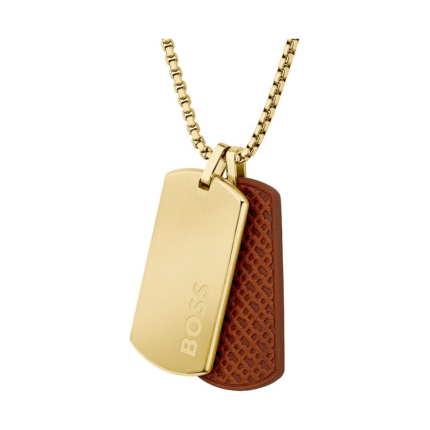 Boss Halsschmuck aus Edelstahl und Leder, goldfarben mit braunem Einsatz und Boss Schriftzug.