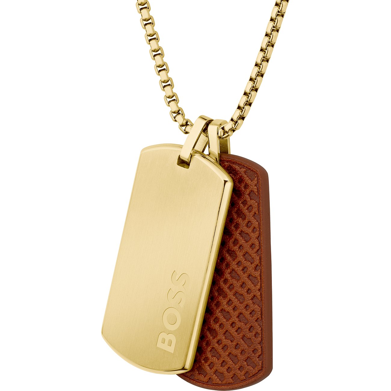 Boss Halsschmuck aus Edelstahl und Leder, goldfarben mit braunem Einsatz und Boss Schriftzug.