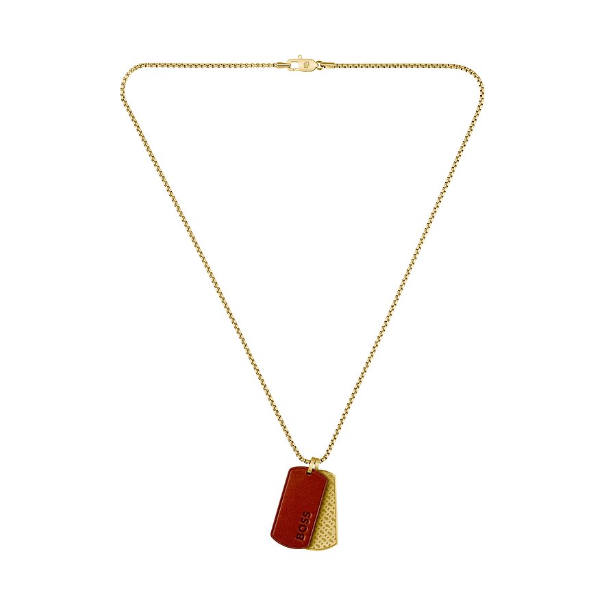 Boss Halsschmuck: goldene Edelstahlkette mit zwei Anhängern – roter Leder-Anhänger (