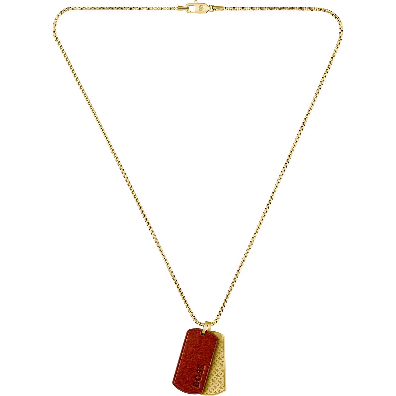 Boss Halsschmuck: goldene Edelstahlkette mit zwei Anhängern – roter Leder-Anhänger (