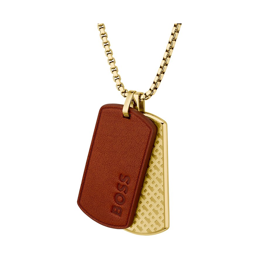Boss Halskette: goldfarbener Edelstahl, zwei Anhänger – braunes Leder mit Boss-Schriftzug, goldfarbener Edelstahl mit Muster.
