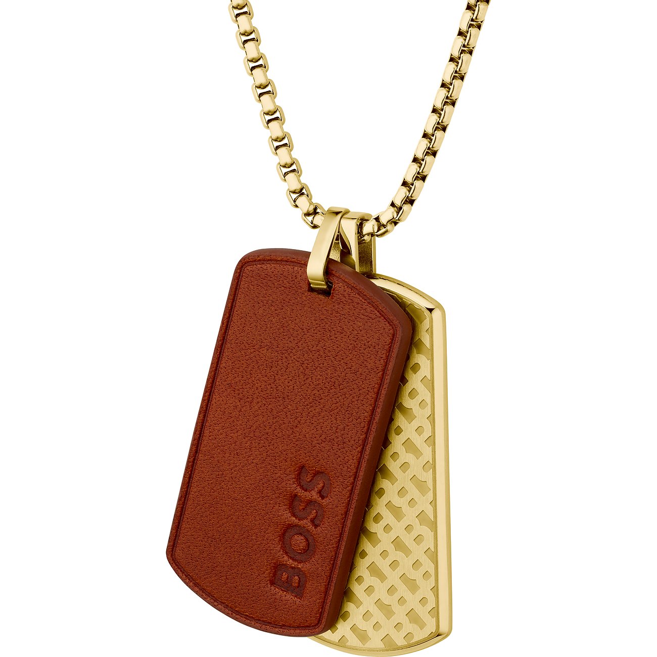 Boss Halskette: goldfarbener Edelstahl, zwei Anhänger – braunes Leder mit Boss-Schriftzug, goldfarbener Edelstahl mit Muster.