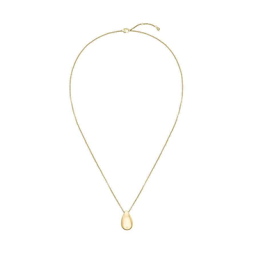 Boss Halsschmuck aus goldfarbenem Edelstahl mit einem tropfenförmigen Anhänger auf weißem Hintergrund.