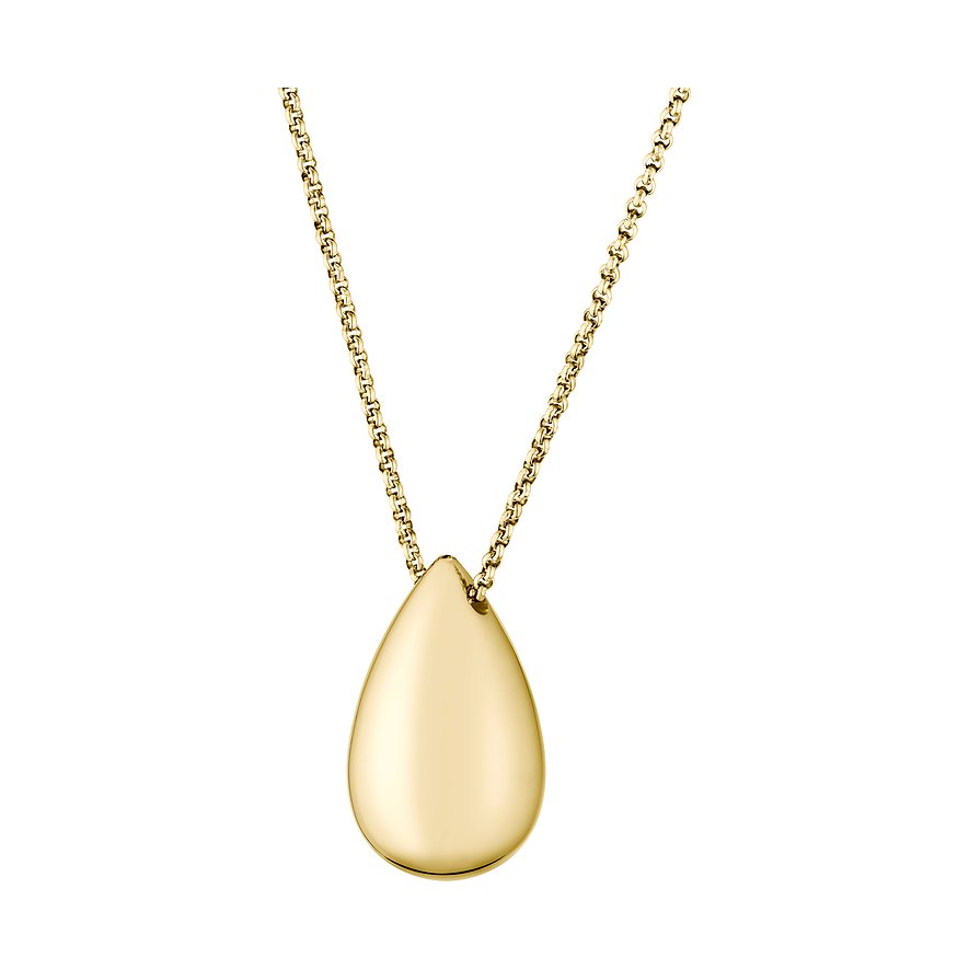 Eine Boss Halskette aus goldenem Edelstahl mit einem tropfenförmigen Anhänger an einer feinen Kette.