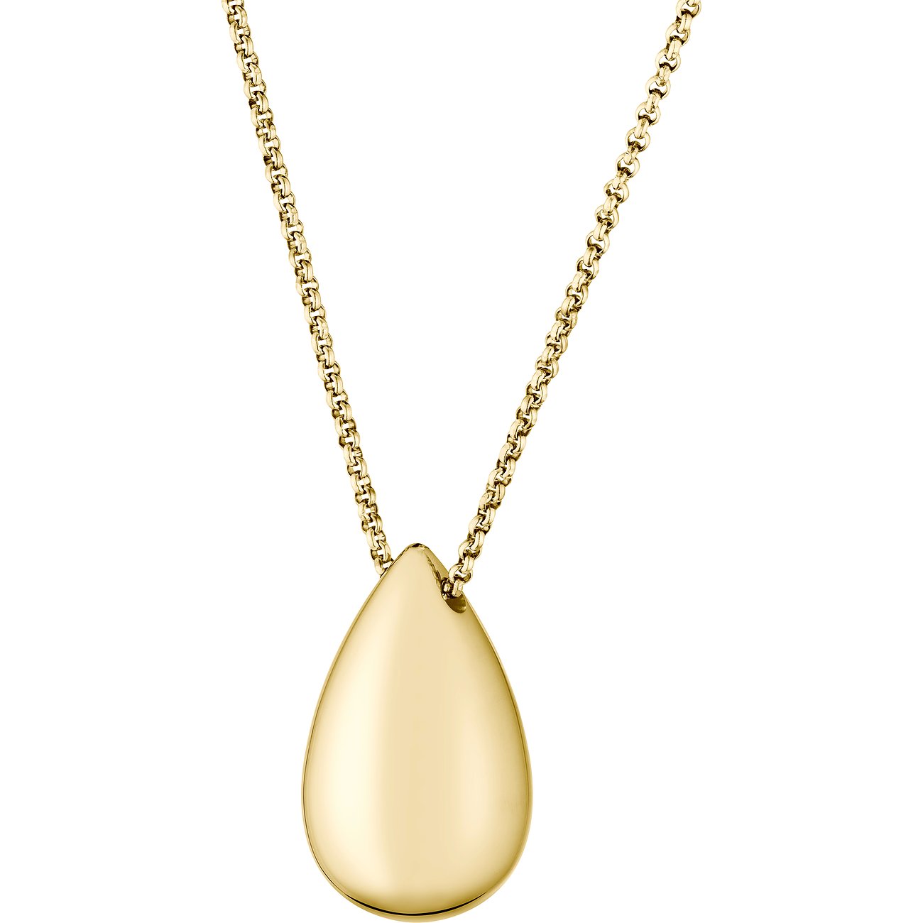 Eine Boss Halskette aus goldenem Edelstahl mit einem tropfenförmigen Anhänger an einer feinen Kette.