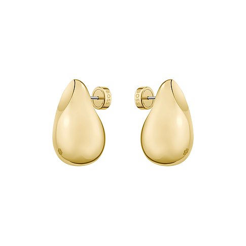Ein Paar glänzende goldfarbene Boss Ohrstecker aus Edelstahl, tropfenförmig, jeder mit dem Boss-Logo auf dem Verschluss.