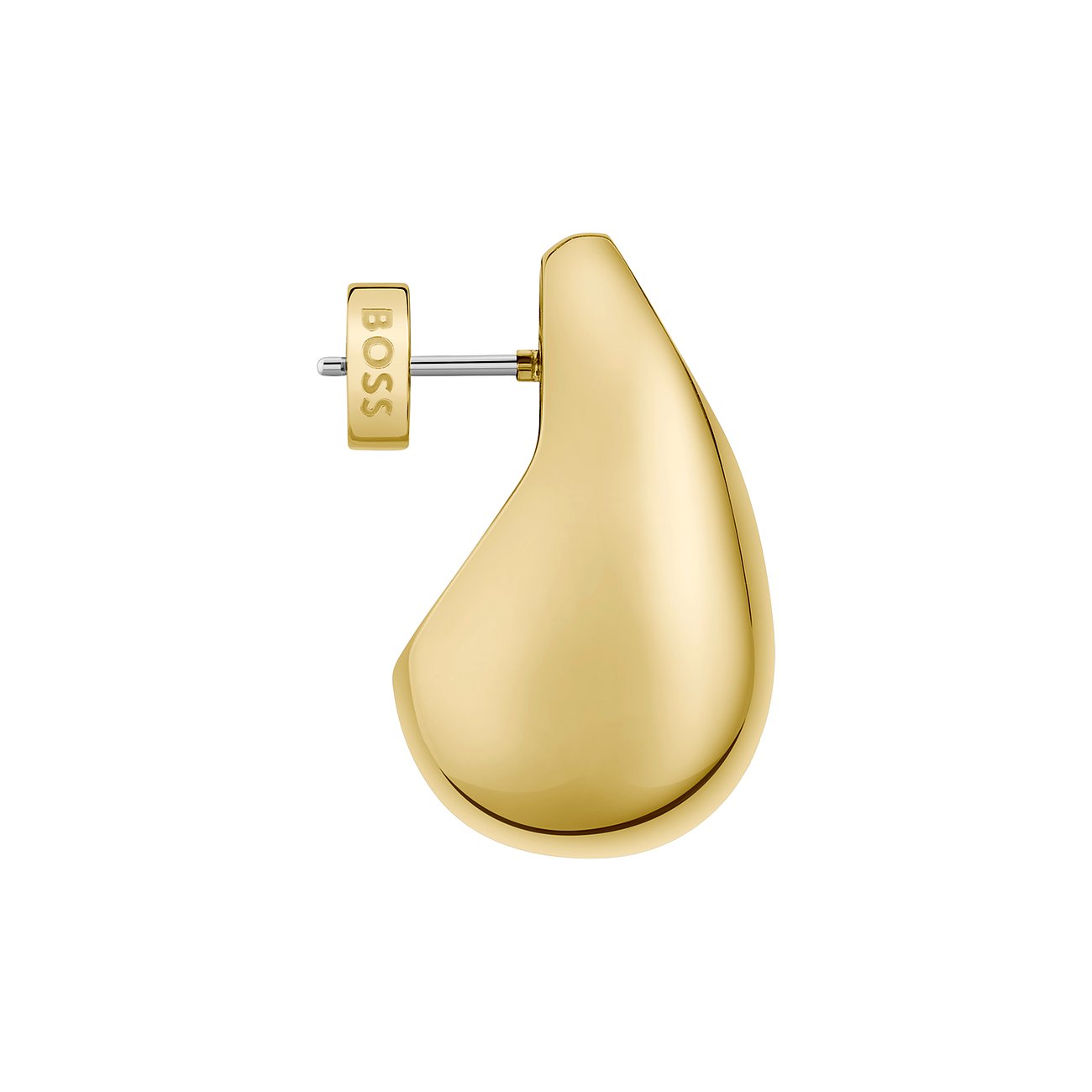 Ein glänzender goldfarbener Boss Edelstahl-Ohrring, tropfenförmig, aufrecht mit Stiftverschluss.