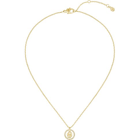 Boss Halskette aus goldfarbenem Edelstahl mit kreisförmigem Anhänger, verziert mit einem "B" und klaren Kristallen.