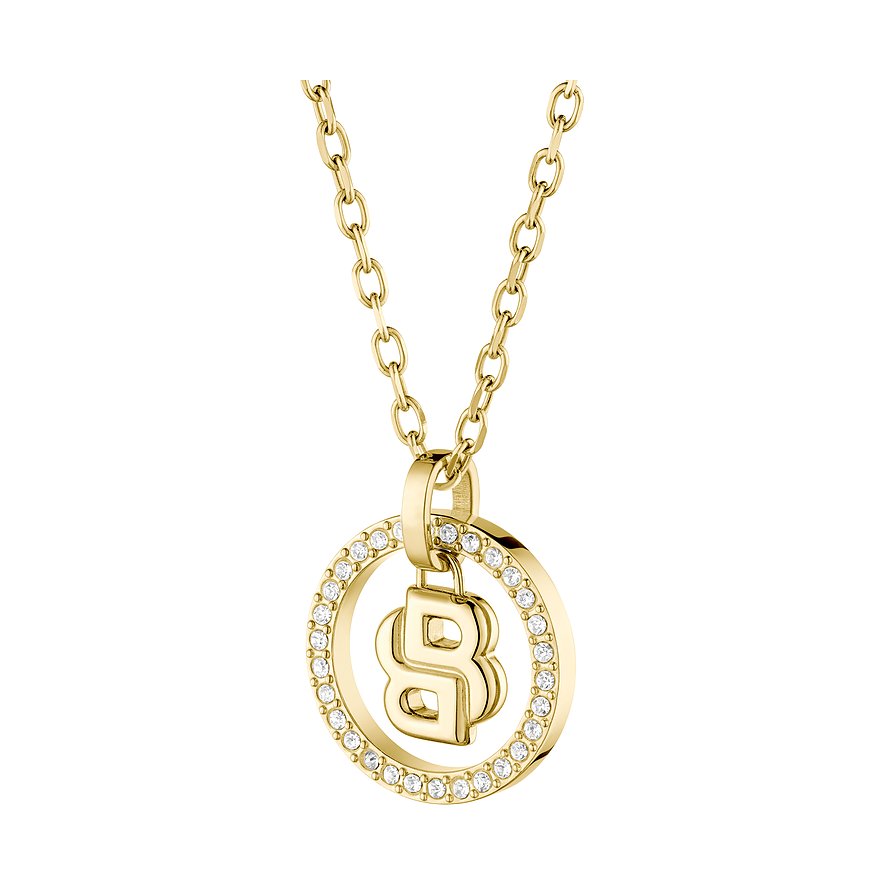 Boss Goldkette aus Edelstahl mit rundem Anhänger, besetzt mit funkelnden Kristallen. In der Mitte ist ein großes, goldenes B.