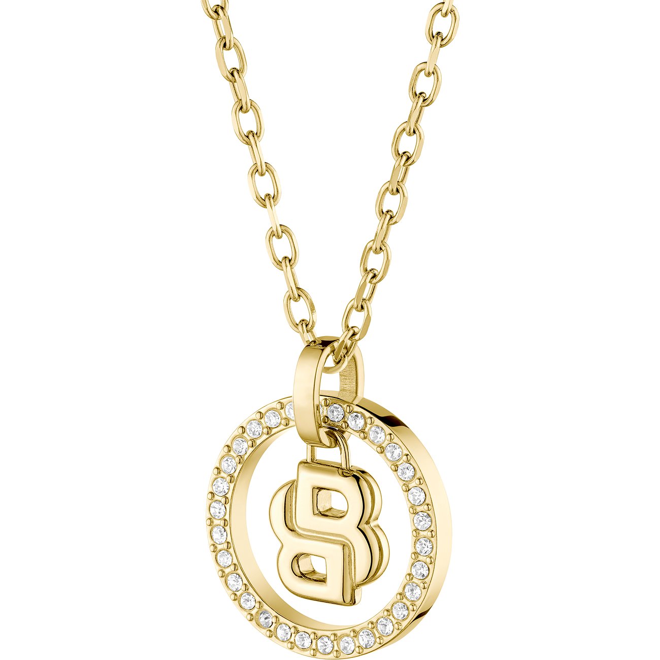 Boss Goldkette aus Edelstahl mit rundem Anhänger, besetzt mit funkelnden Kristallen. In der Mitte ist ein großes, goldenes B.