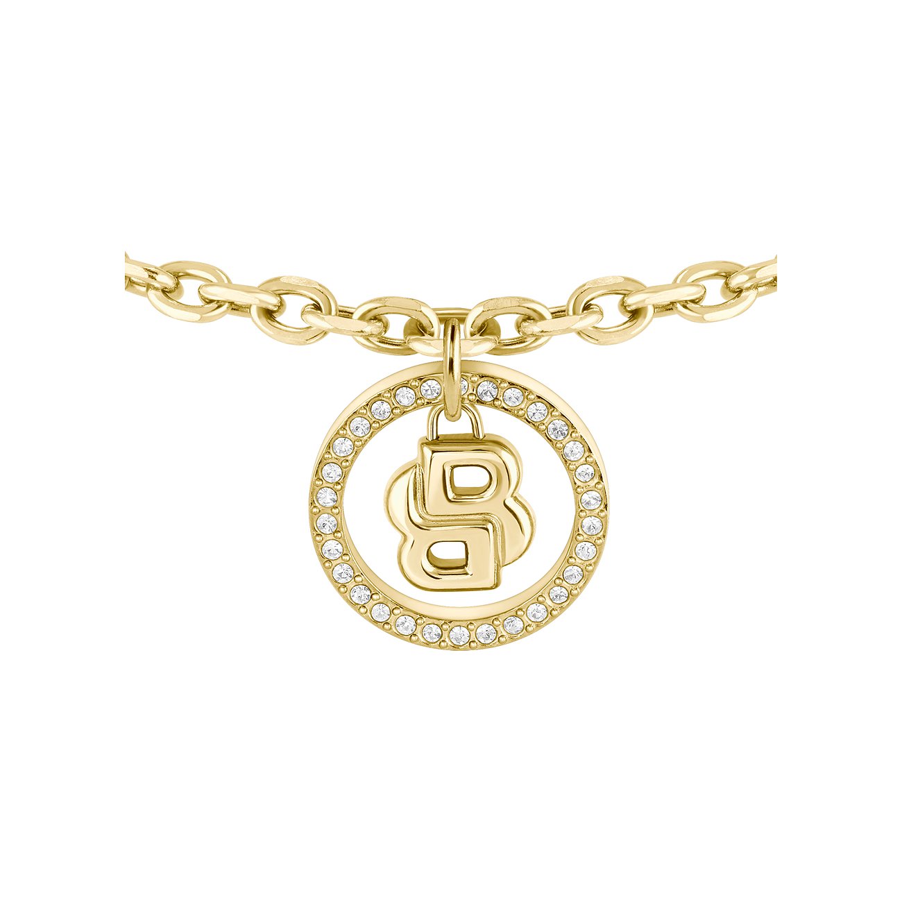 Gouden Boss roestvrijstalen armband met schakels en een rond bedeltje. Het bedeltje heeft een ring van kristallen.