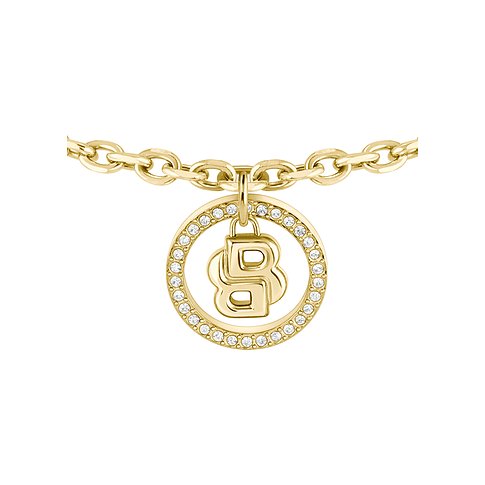 Ein goldenes Boss-Armband aus Edelstahl mit Kettengliedern und einem runden Charm. Das Charm hat einen Ring aus Kristallen.