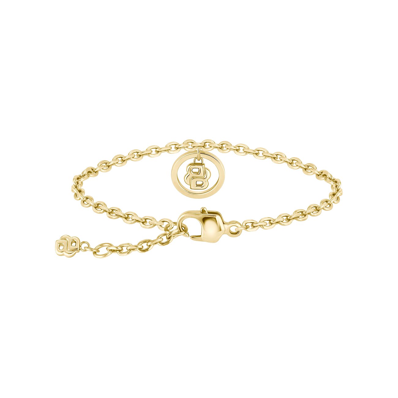 Boss armband van goudkleurig roestvrij staal met Boss logo hanger en karabijnsluiting.