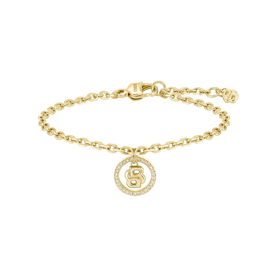 Boss roestvrijstalen armband in goud met een 'B'-hanger, versierd met fonkelende kristallen.