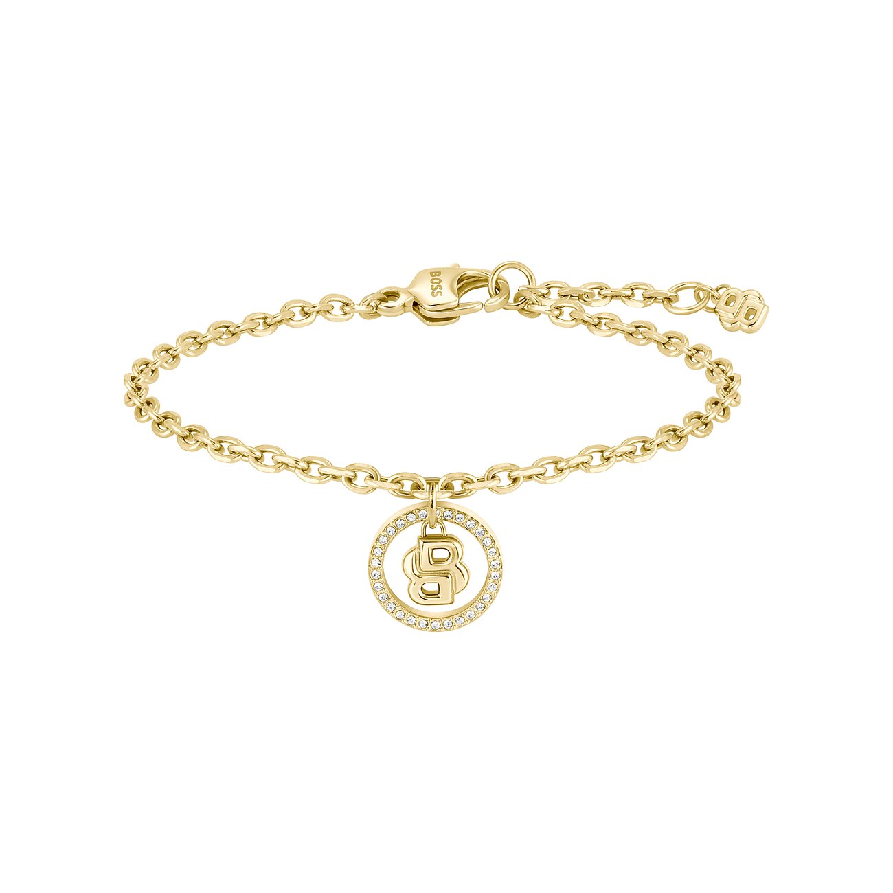 Boss roestvrijstalen armband in goud met een 'B'-hanger, versierd met fonkelende kristallen.