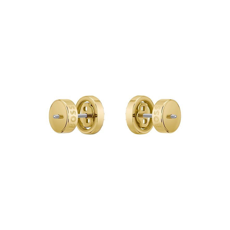 Ein Paar goldene Boss Ohrstecker aus Edelstahl, ein Element davon hat eine kreisförmige Einkerbung mit dem Boss-Schriftzug.
