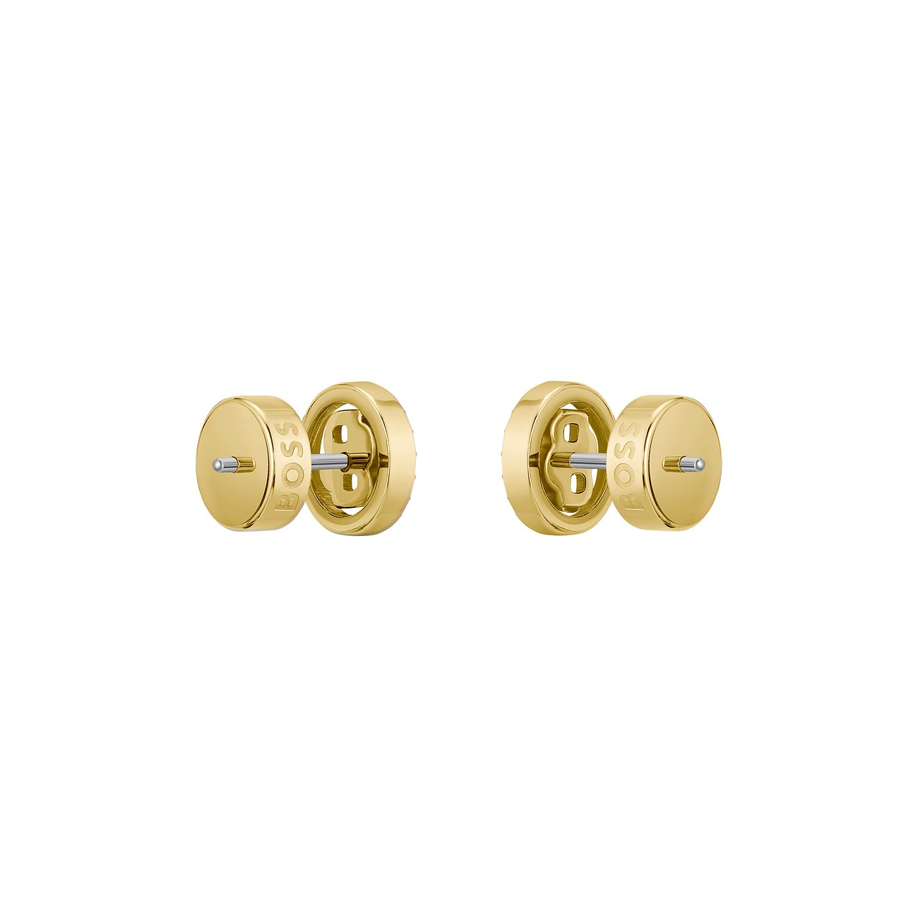 Ein Paar goldene Boss Ohrstecker aus Edelstahl, ein Element davon hat eine kreisförmige Einkerbung mit dem Boss-Schriftzug.