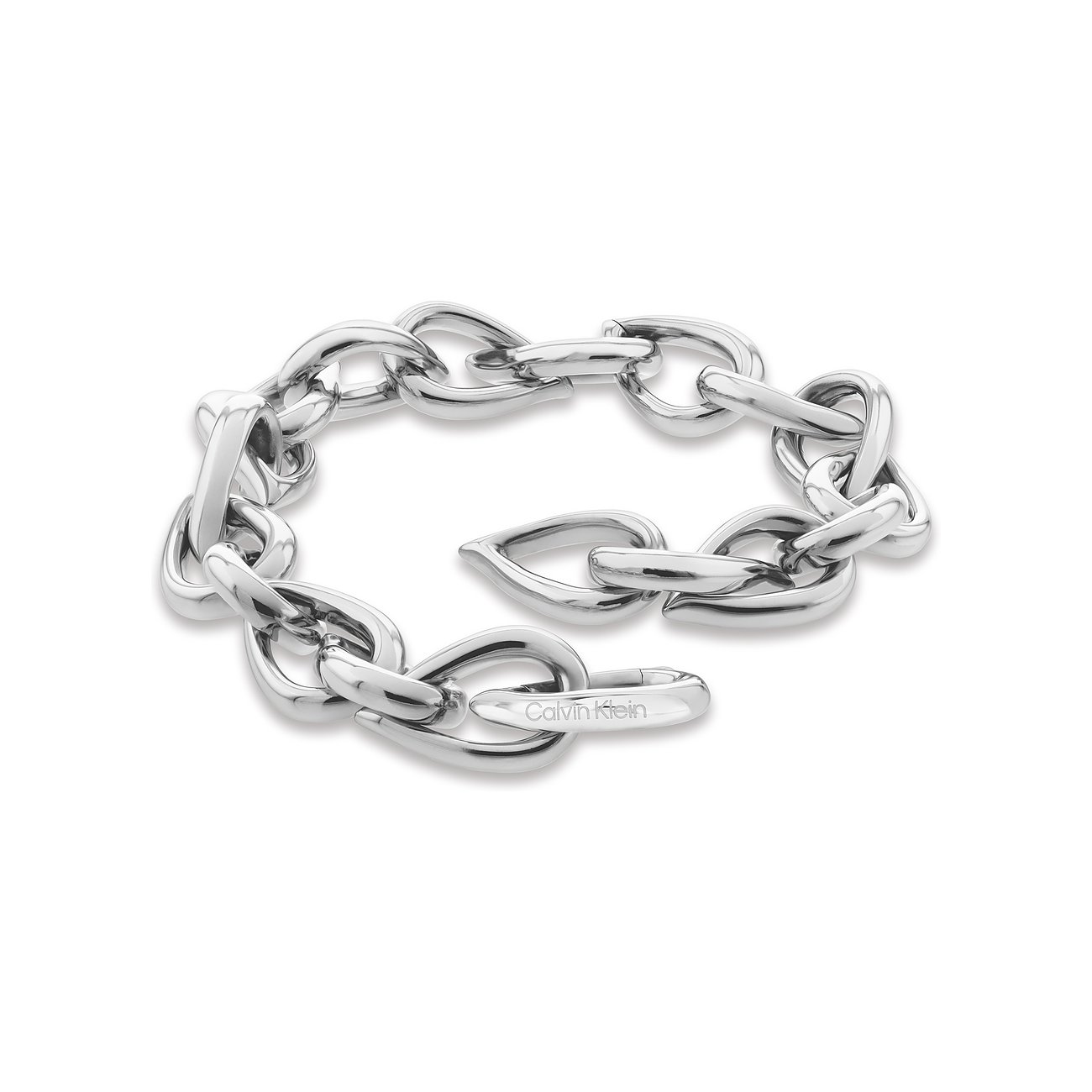 Calvin Klein Damenarmband aus glänzendem Edelstahl mit groben Gliedern und einem Herzverschluss.