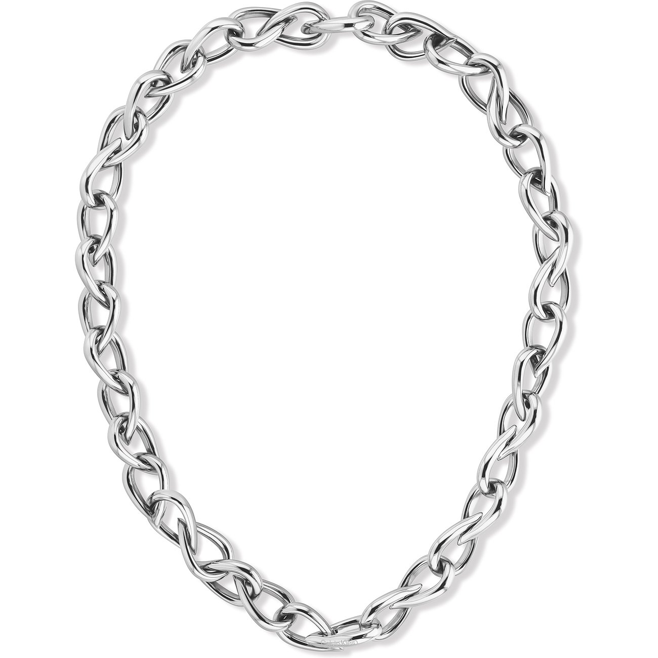 Calvin Klein roestvrijstalen halsketting, bestaande uit een zilveren ketting met in elkaar grijpende, gedraaide schakels.