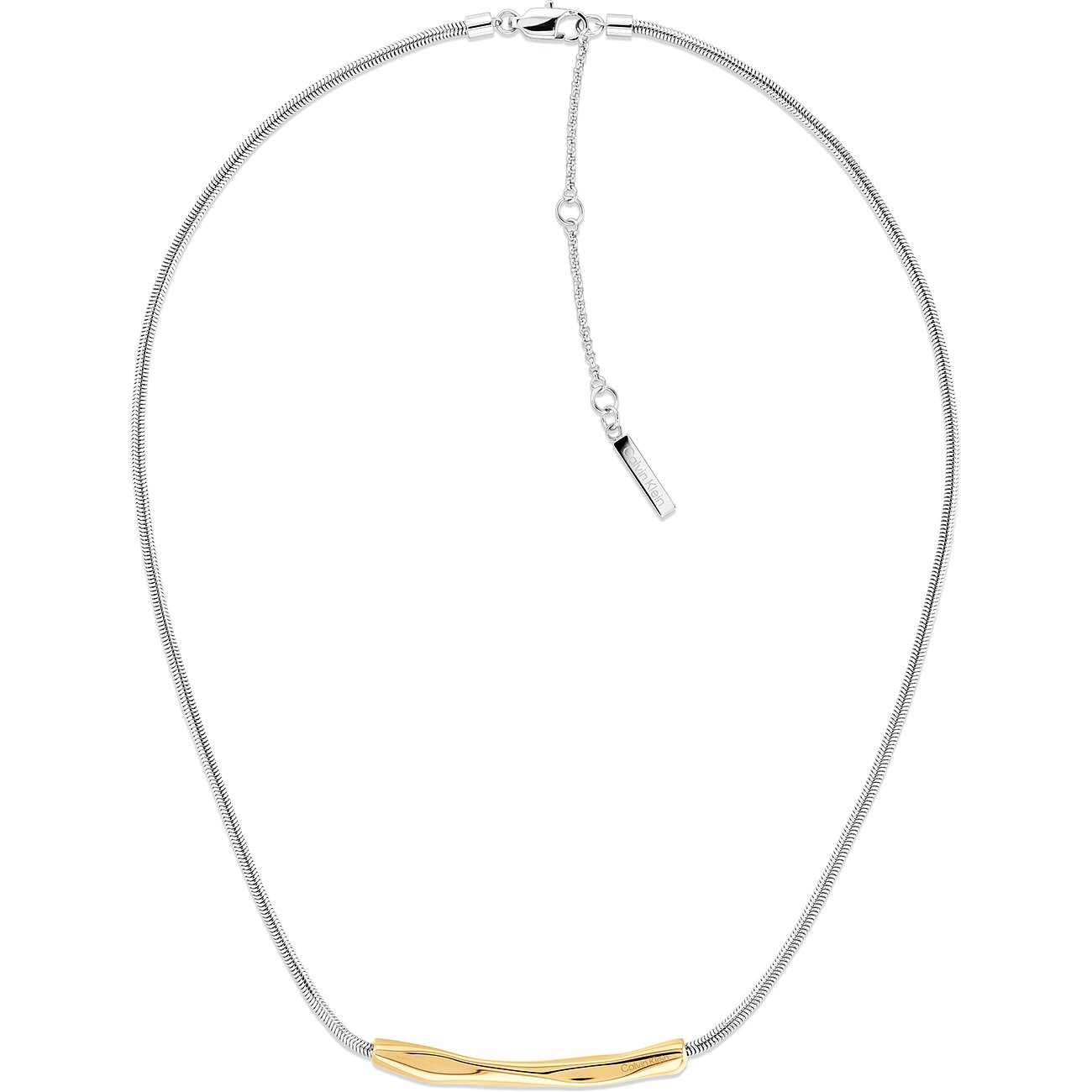 Calvin Klein Halsschmuck aus Edelstahl mit schmaler, glänzender Silberkette und goldfarbenem Röhrenanhänger.