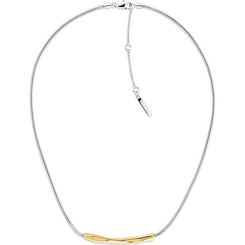 Calvin Klein Halsschmuck aus Edelstahl mit schmaler, glänzender Silberkette und goldfarbenem Röhrenanhänger.