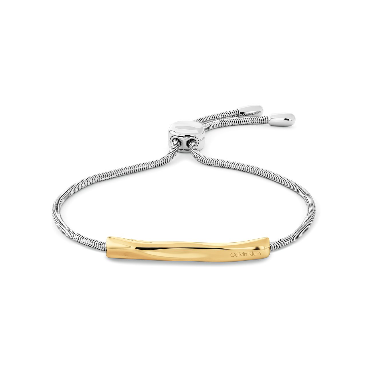 Calvin Klein damesarmband van roestvrij staal, zilverkleurige slangenketting met gouden middenstuk.
