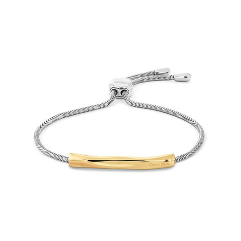 Calvin Klein Damenarmschmuck aus Edelstahl, silberfarbenes Schlangenkettenarmband mit goldenem Mittelstück.